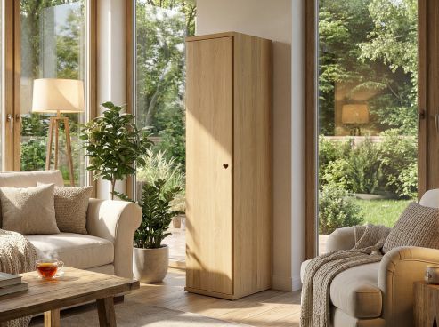 Eichenschrank Hell „Romana“, 1-türig, Höhe 220 cm, Griffausführung „Heidi“,  Türanschlag rechts