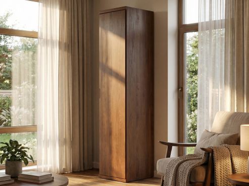 Buchenschrank Dunkel „Romana“, 1-türig, Höhe 220 cm, Griffausführung „Lukas“, Inneneinrichtung: D, Türanschlag rechts