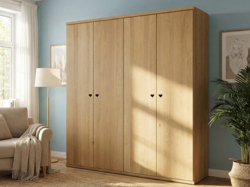 Eichenschrank Hell „Romana“, 4-türig, Höhe 220 cm, Griffausführung „Heidi“