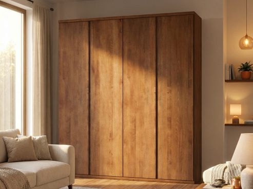 Buchenschrank Dunkel „Romana“, 4-türig, Höhe 220 cm, Griffausführung „Lukas“, Inneneinrichtung: A