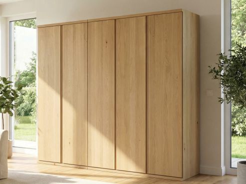 Eichenschrank Hell „Romana“, 5-türig, Höhe 220 cm, Griffausführung „Patrizia“