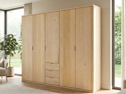 Eschenschrank „Romana“, 5-türig, Höhe 220 cm, Griffausführung „Lukas“, Inneneinrichtung: E