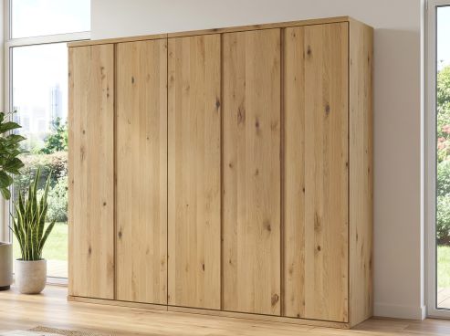 Wildeichenschrank Hell „Romana“, 5-türig, Höhe 220 cm, Griffausführung „Patrizia“