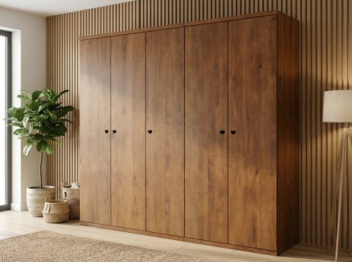 Buchenschrank Dunkel „Romana“, 5-türig, Höhe 220 cm, Griffausführung „Patrizia“, Inneneinrichtung: E