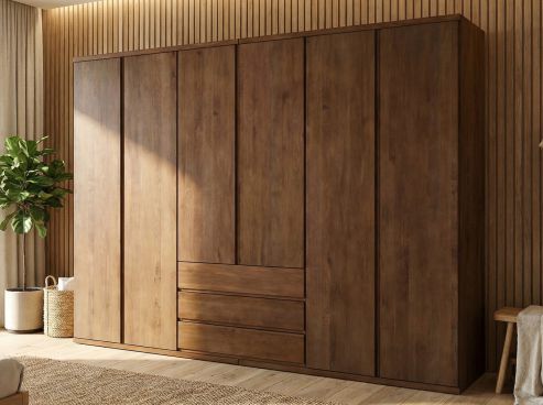 Buchenschrank Dunkel „Romana“, 6-türig, Höhe 220 cm, Griffausführung „Patrizia“, Inneneinrichtung: D