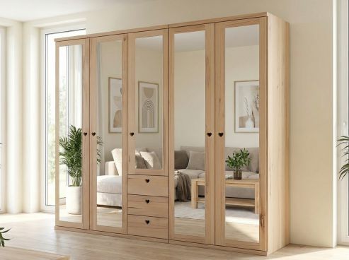 Buchenschrank „Sandra“, 5-türig, Höhe 220 cm, Griffausführung „Heidi“, Inneneinrichtung: E