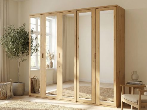 Wildeichenschrank Hell „Sandra“, 5-türig, Höhe 220 cm, Griffausführung „Lukas“