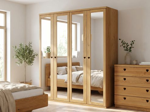 Eichenschrank „Sandra“, 4-türig, Höhe 220 cm, Griffausführung „Heidi“