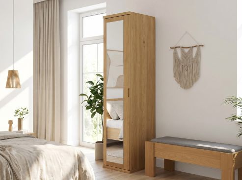 Eichenschrank Hell „Sandra“, 1-türig, Höhe 220 cm, Griffausführung „Lukas“, Türanschlag links