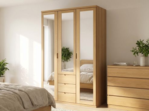 Eichenschrank Hell „Sandra“, 3-türig, Höhe 220 cm, Griffausführung „Lukas“, Inneneinrichtung: E