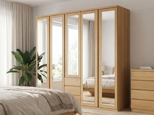 Eichenschrank Hell „Sandra“, 5-türig, Höhe 220 cm, Griffausführung „Patrizia“, Inneneinrichtung: E