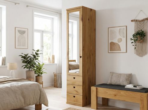 Wildeichenschrank „Sandra“, 1-türig, Höhe 220 cm, Griffausführung „Heidi“, Inneneinrichtung: D, Türanschlag links