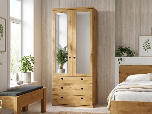 Wildeichenschrank „Sandra“, 2-türig, Höhe 220 cm, Griffausführung „Heidi“, Inneneinrichtung: E