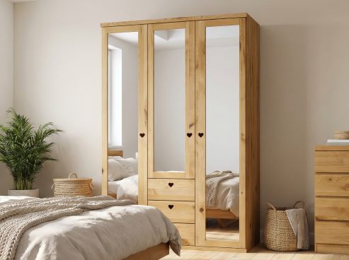 Wildeichenschrank „Sandra“, 3-türig, Höhe 220 cm, Griffausführung „Heidi“, Inneneinrichtung: E