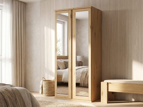 Wildeichenschrank Hell „Sandra“, 2-türig, Höhe 220 cm, Griffausführung „Patrizia“