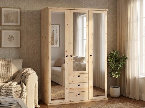 Zirbenschrank „Sandra“, 3-türig, Höhe 220 cm, Griffausführung „Heidi“, Inneneinrichtung: E