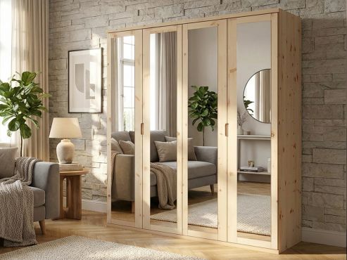 Zirbenschrank „Sandra“, 4-türig, Höhe 220 cm, Griffausführung „Lukas“, Inneneinrichtung: A