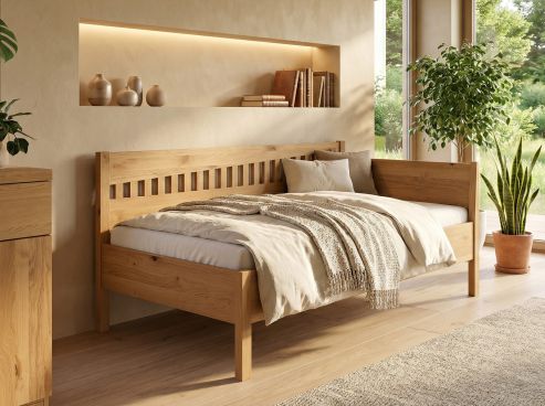 Sofabett „Stefanie“ aus Wildeiche Hell in den Maßen 90 x 200 cm - mit Armlehne rechts