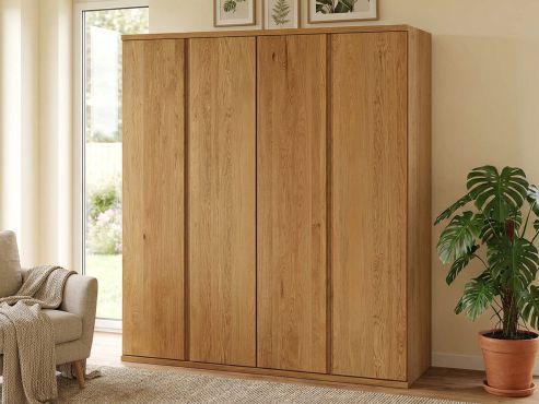 Eichenschrank „Valentin“, 4-türig, Höhe 220 cm, Griffausführung „Patrizia“, Inneneinrichtung: A