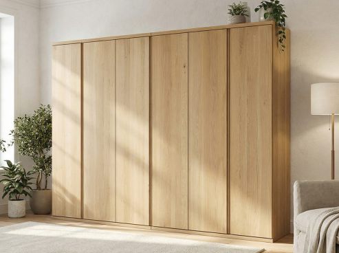 Eichenschrank Hell „Valentin“, 6-türig, Höhe 220 cm, Griffausführung „Patrizia“