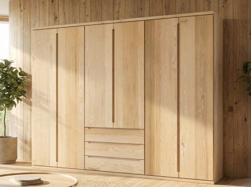 Eschenschrank „Valentin“, 6-türig, Höhe 220 cm, Griffausführung „Lukas“, Inneneinrichtung: D