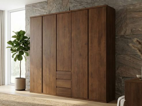 Buchenschrank Dunkel „Valentin“, 5-türig, Höhe 220 cm, Griffausführung „Patrizia“, Inneneinrichtung: E