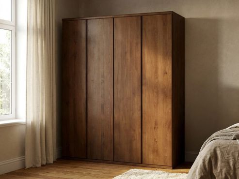 Buchenschrank Dunkel „Valentin“, 4-türig, Höhe 220 cm, Griffausführung „Patrizia“, Inneneinrichtung: A 