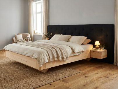 Eschenbett „Clarissa" mit Polsterkopfteil „Michael" geknöpft, 290 cm, Loden in Nachtblau