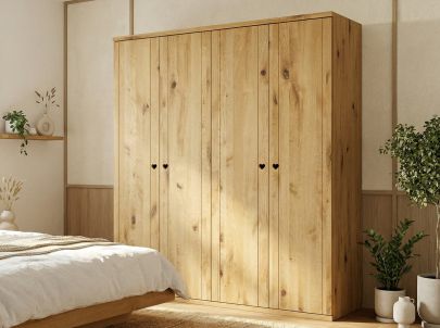 Wildeichenschrank „Egon“, 4-türig, Höhe 220 cm, Griffausführung „Heidi“