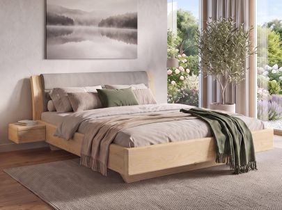 Eschenbett „Cloe“ in 180 x 200 cm mit 2 Nachttischen mit Griffleiste B und Stoffkopfteil - Stoff: Schafschurwolle „Loden“ in der Farbe Anthrazit