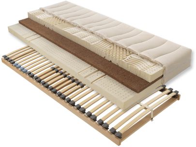 Schlafsystem „Konstantin & Bruno“ für starke Menschen. Bestehend aus Naturlatex-Kokoskern-Matratze und stabilem Buchen-Lattenrost „Bruno“.