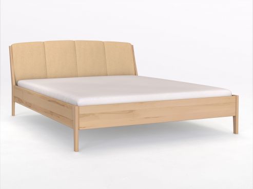 Buchenbett „Oliver“ in 180 x 200 cm, mit Kopfteil „genäht“ - Stoff: Schafschurwolle „Fischgrät“ in der Farbe Goldhirse
