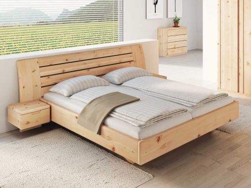 Schlafzimmer aus Massivholz Zirbe mit Zirbenbett „Bettina" 180 x 200 cm mit schmalen Nachttischen