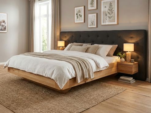 Wildeichenbett Hell „Clarissa" mit Polsterkopfteil „Michael" geknöpft, 290 cm, Loden in Anthrazit