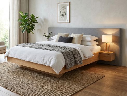 Eichenbett Hell „Clarissa" mit Polsterkopfteil „Michael" glatt, 290 cm, Loden in Nebelgrau