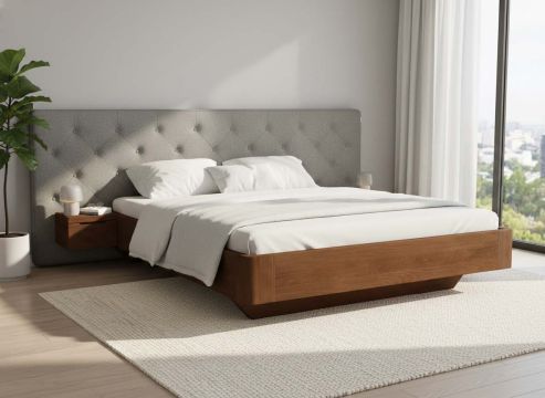 Buchenbett Dunkel „Clarissa" mit Polsterkopfteil „Michael" geknöpft, 290 cm, Loden in Nebelgrau