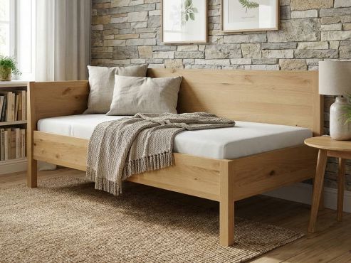 Sofabett „Melanie“ aus Wildeiche Hell in den Maßen 90 x 200 cm - mit zwei Armlehnen