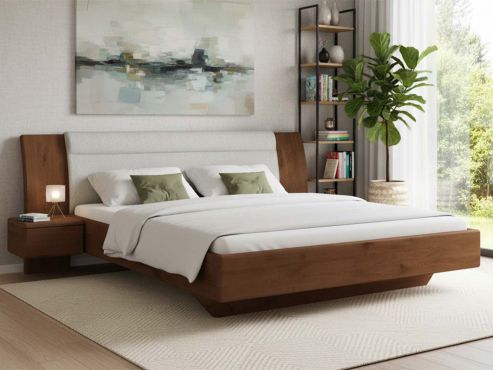 Buchenbett Dunkel „Nadja“ in 180 x 200 cm, mit zwei Nachttischen (40cm) Griff: Grifflos und Stoff: Schafschurwolle „Loden“ in der Farbe Nebelgrau