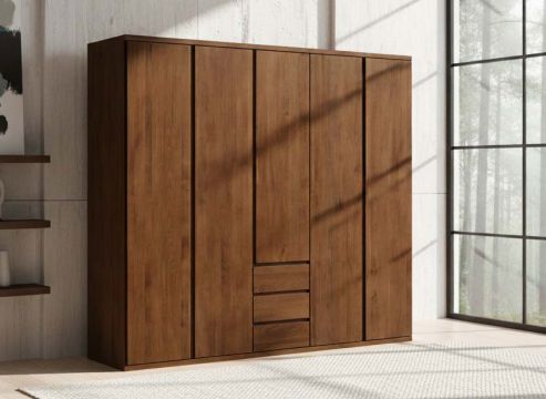 Buchenschrank Dunkel „Valentin“, 5-türig, Höhe 220 cm, Griffausführung „Patrizia“, Inneneinrichtung: E