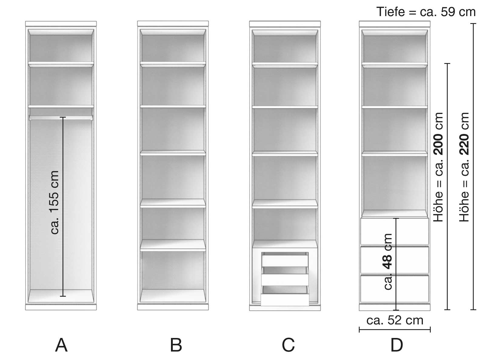 Eichenschrank „Romana“, 1-türig, Inneneinrichtung: A - D