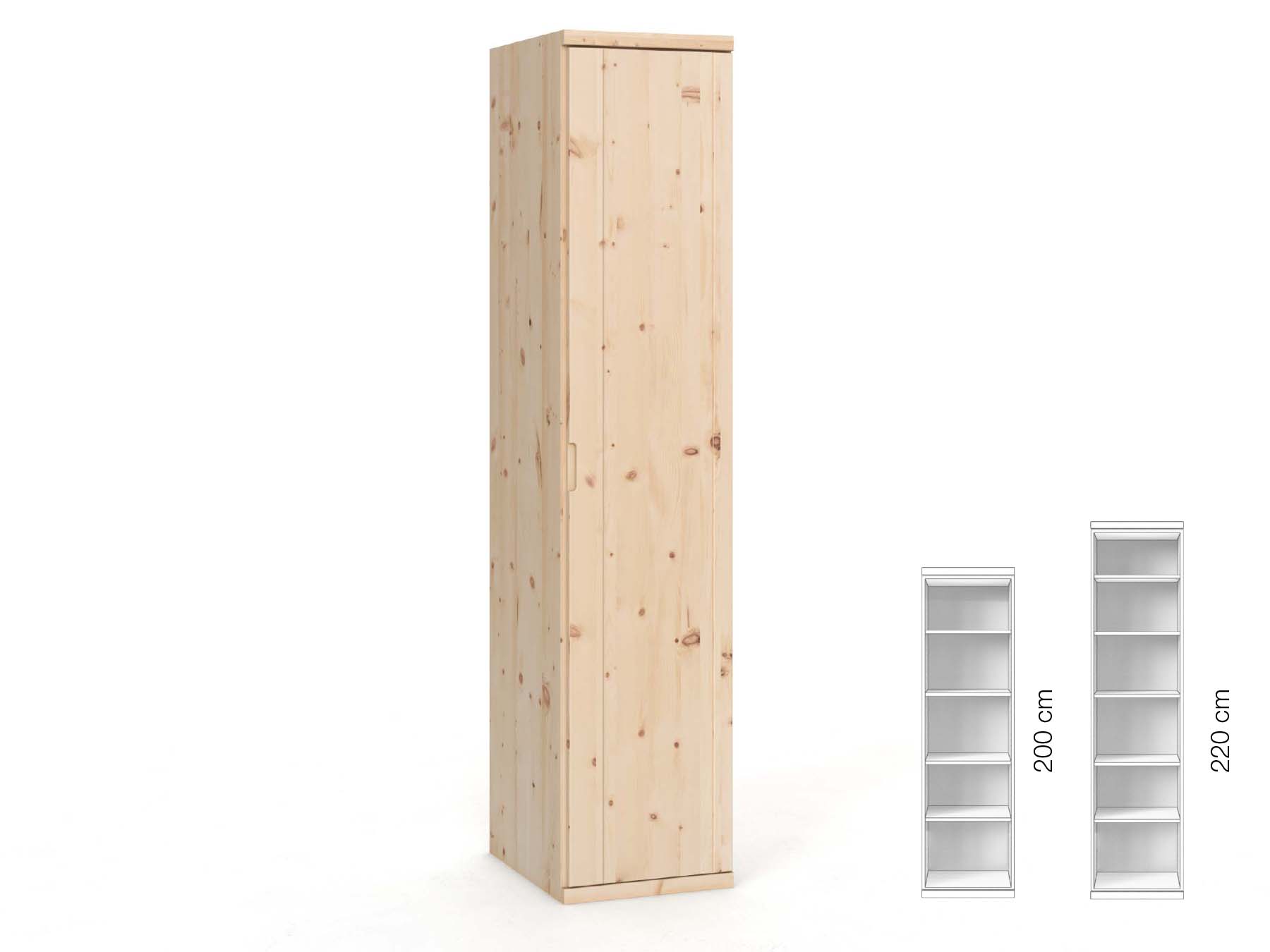 Zirbenschrank „Egon“, 1-türig, Höhe 220 cm, Griffausführung „Lukas“, Inneneinrichtung: B, Türanschlag rechts