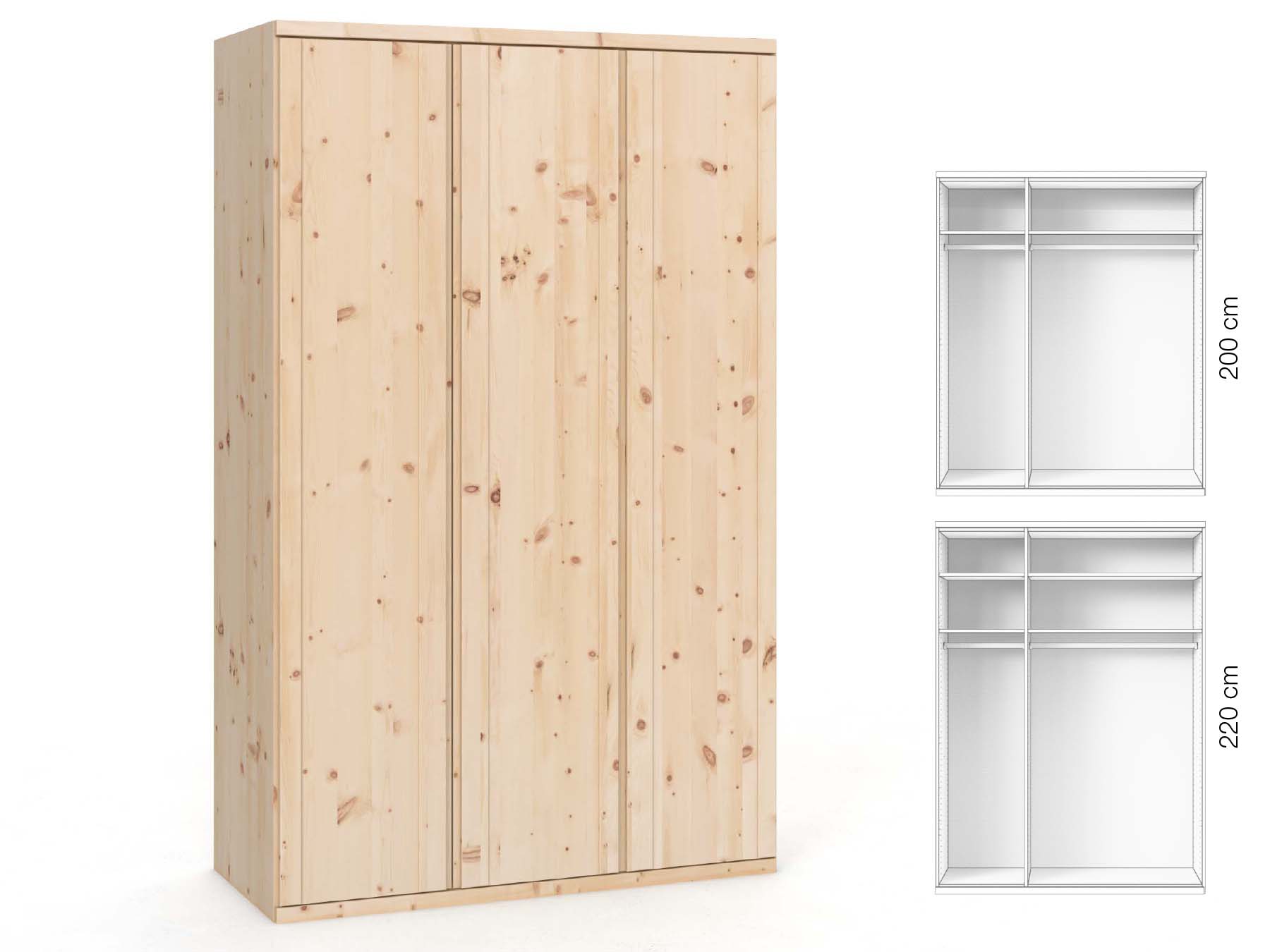 Zirbenschrank „Egon“, 3-türig, Höhe 220 cm, Griffausführung „Patrizia“, Inneneinrichtung: A