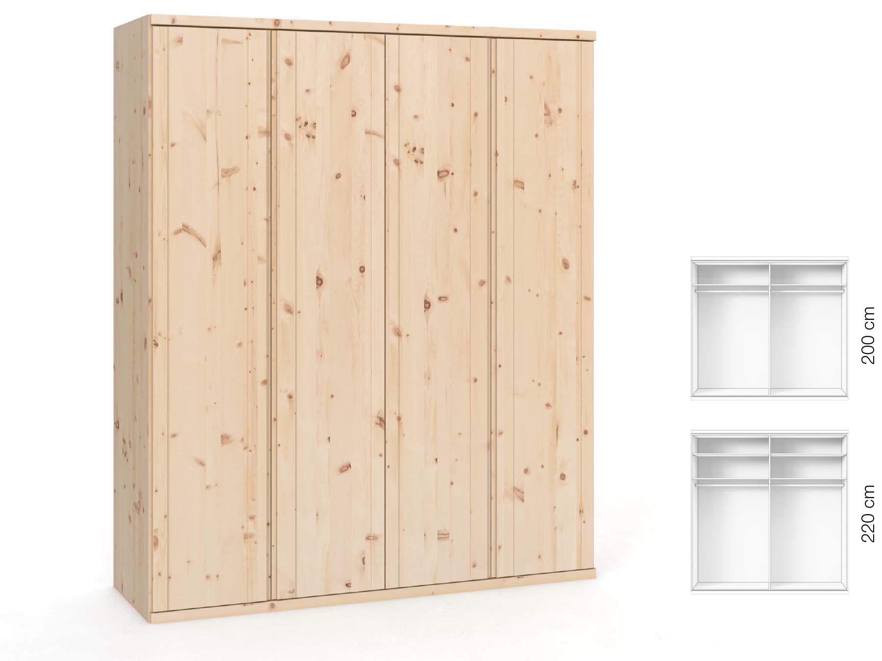 Zirbenschrank „Egon“, 4-türig, Höhe 220 cm, Griffausführung „Patrizia“, Inneneinrichtung: A