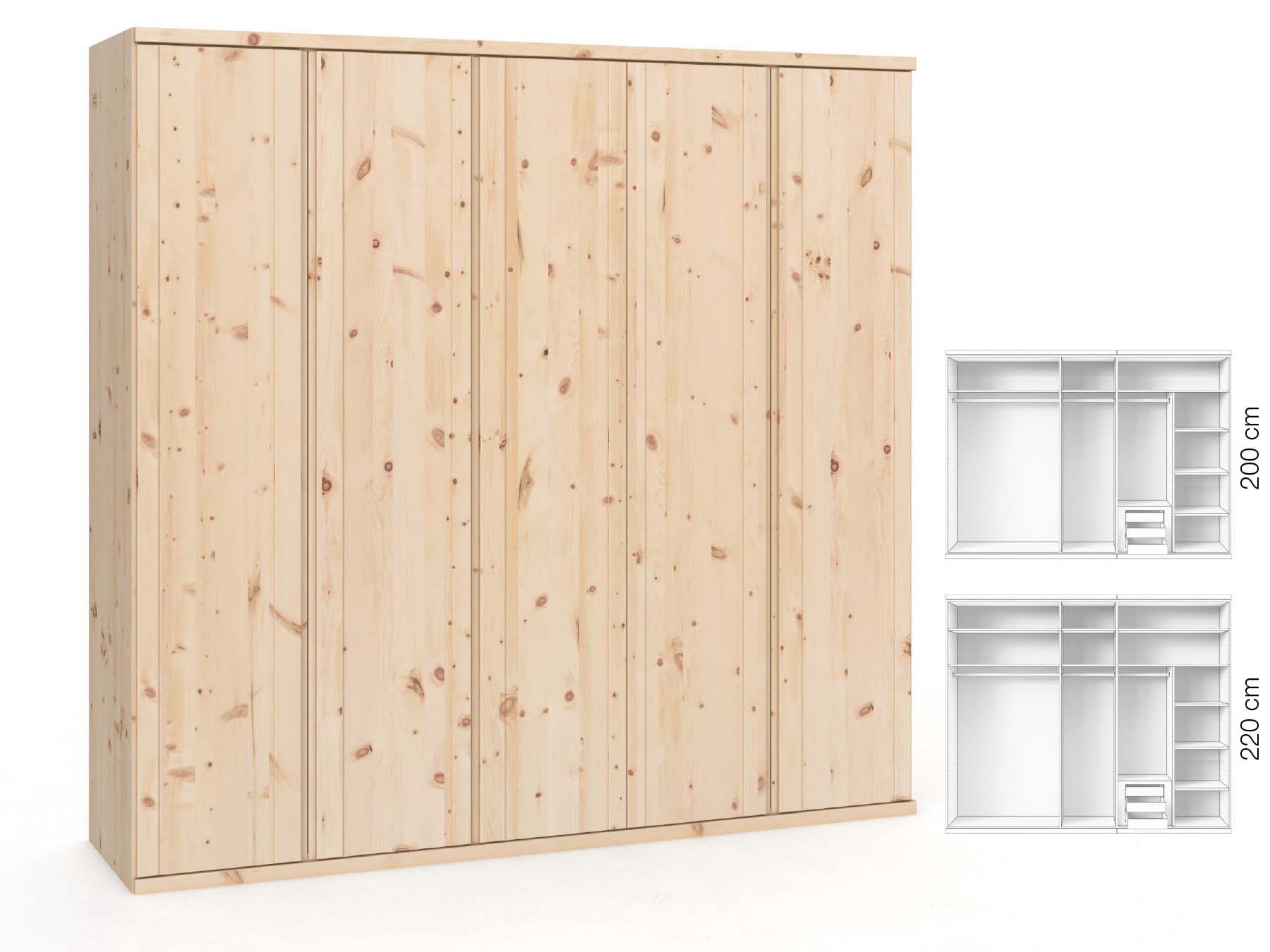 Zirbenschrank „Egon“, 5-türig, Höhe 220 cm, Griffausführung „Patrizia“, Inneneinrichtung: D