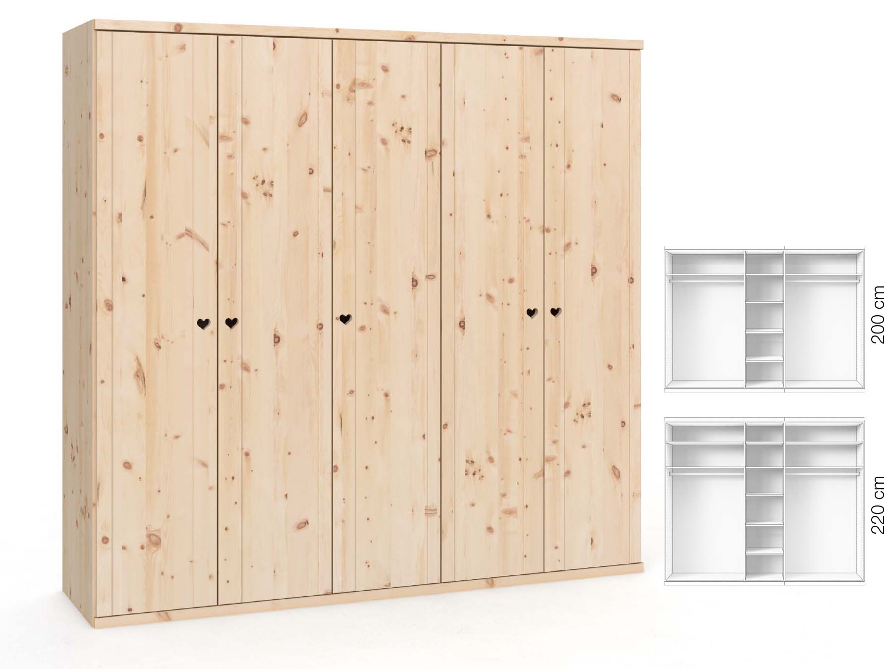 Zirbenschrank „Egon“, 5-türig, Höhe 220 cm, Griffausführung „Heidi“, Inneneinrichtung: B