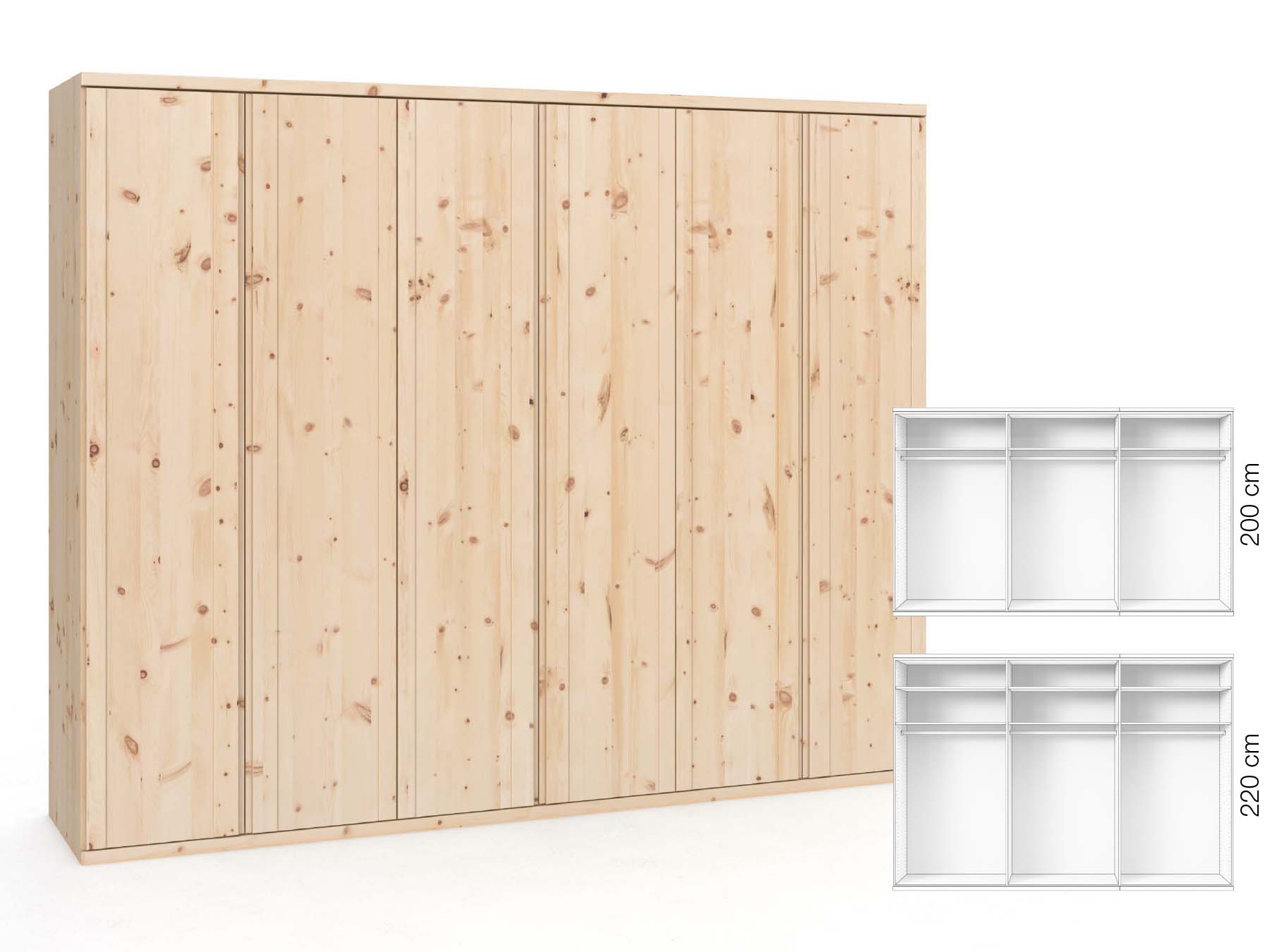 Zirbenschrank „Egon“, 6-türig, Höhe 220 cm, Griffausführung „Patrizia“, Inneneinrichtung: A