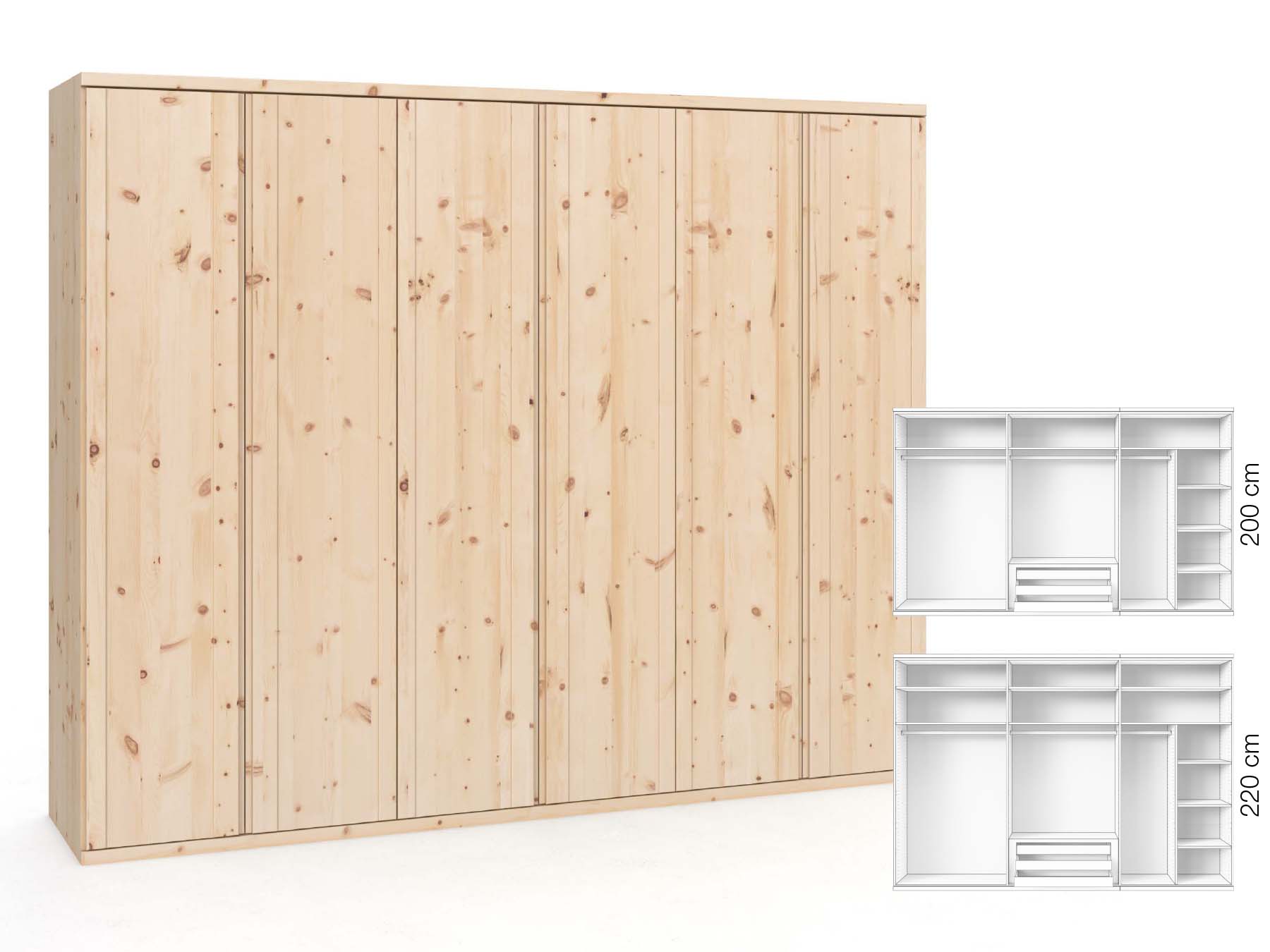 Zirbenschrank „Egon“, 6-türig, Höhe 220 cm, Griffausführung „Patrizia“, Inneneinrichtung: B