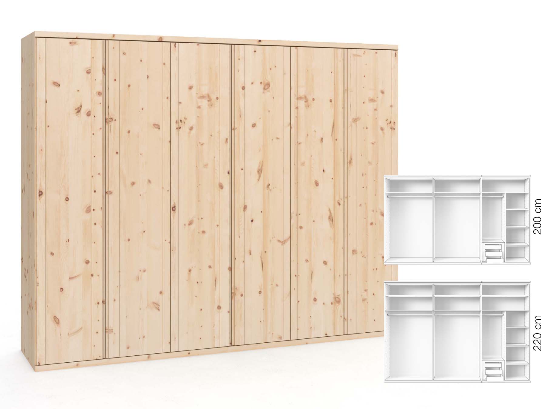 Zirbenschrank „Egon“, 6-türig, Höhe 220 cm, Griffausführung „Patrizia“, Inneneinrichtung: C