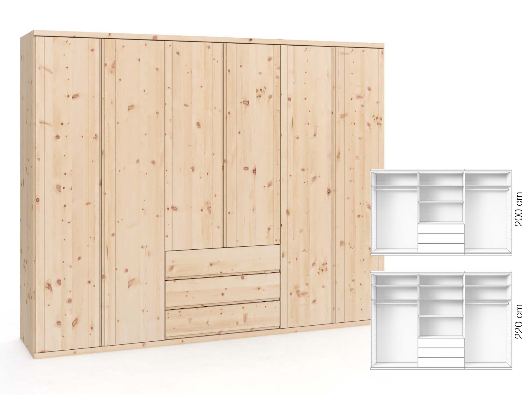 Zirbenschrank „Egon“, 6-türig, Höhe 220 cm, Griffausführung „Patrizia“, Inneneinrichtung: D