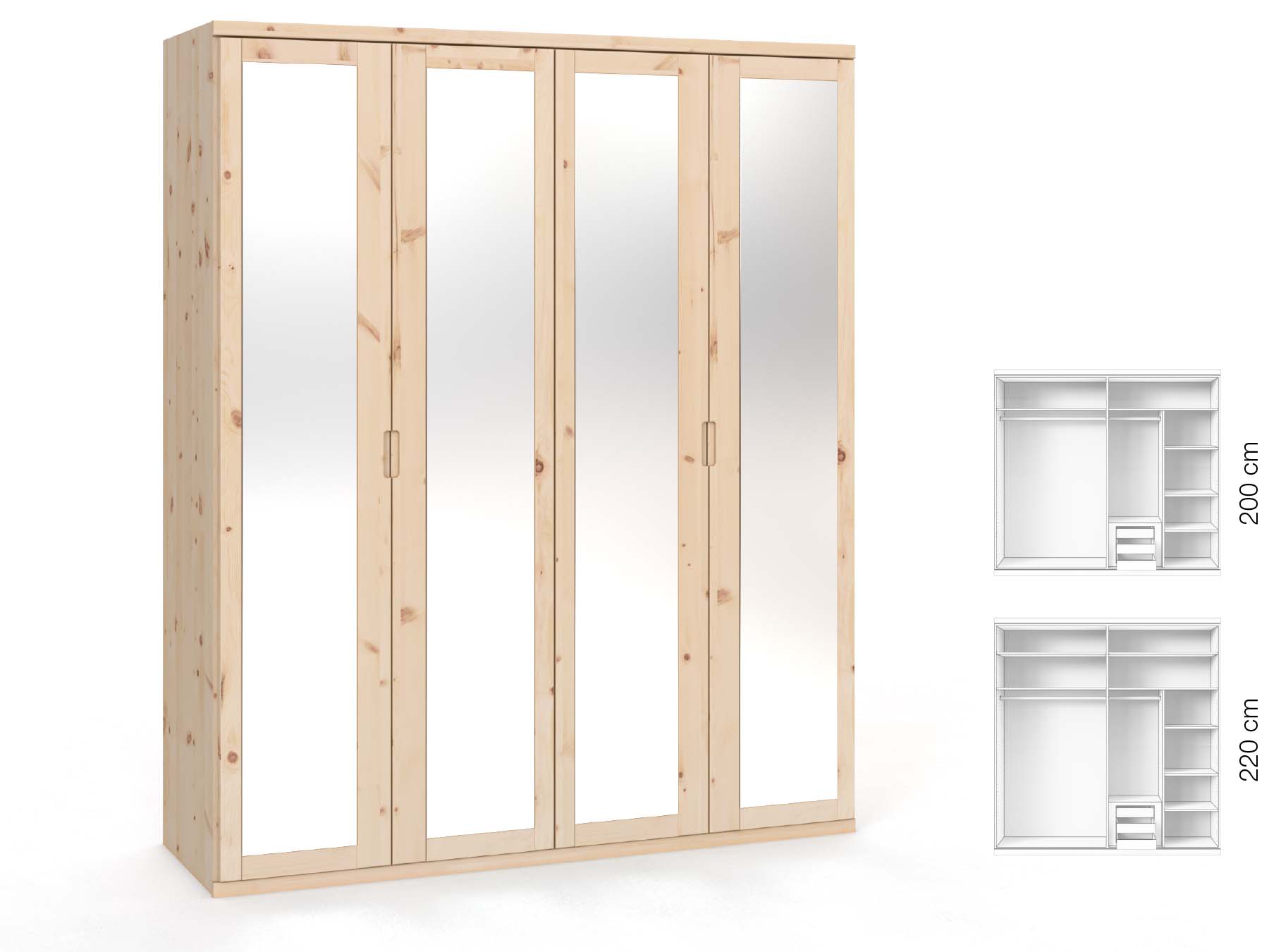 Zirbenschrank „Sandra“, 4-türig, Höhe 220 cm, Griffausführung „Lukas“, Inneneinrichtung: D